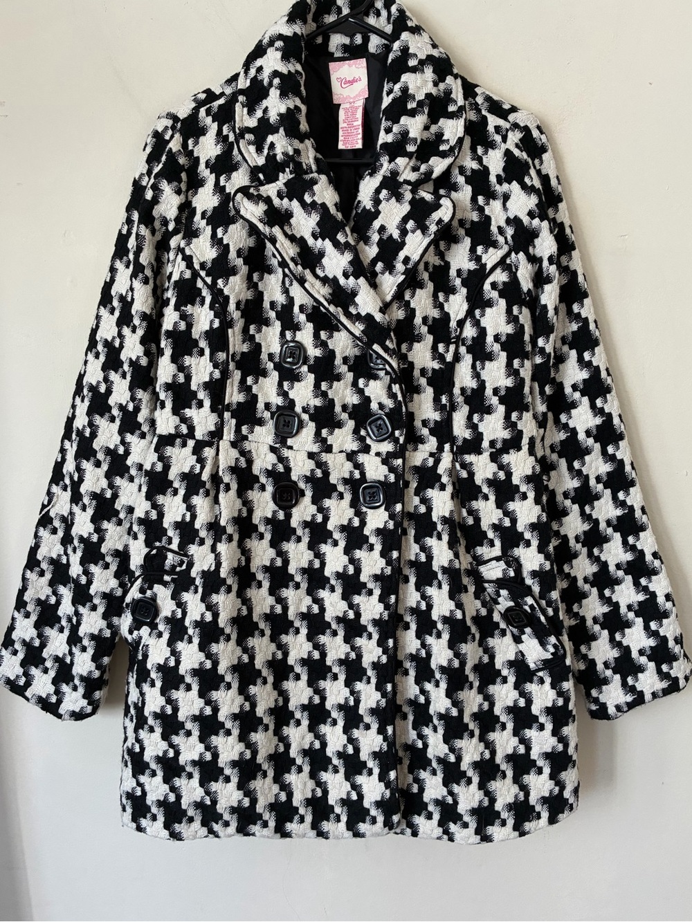 Candie's Womens XL Houndstooth Pea Coat Black White Wool Blend Double Breasted